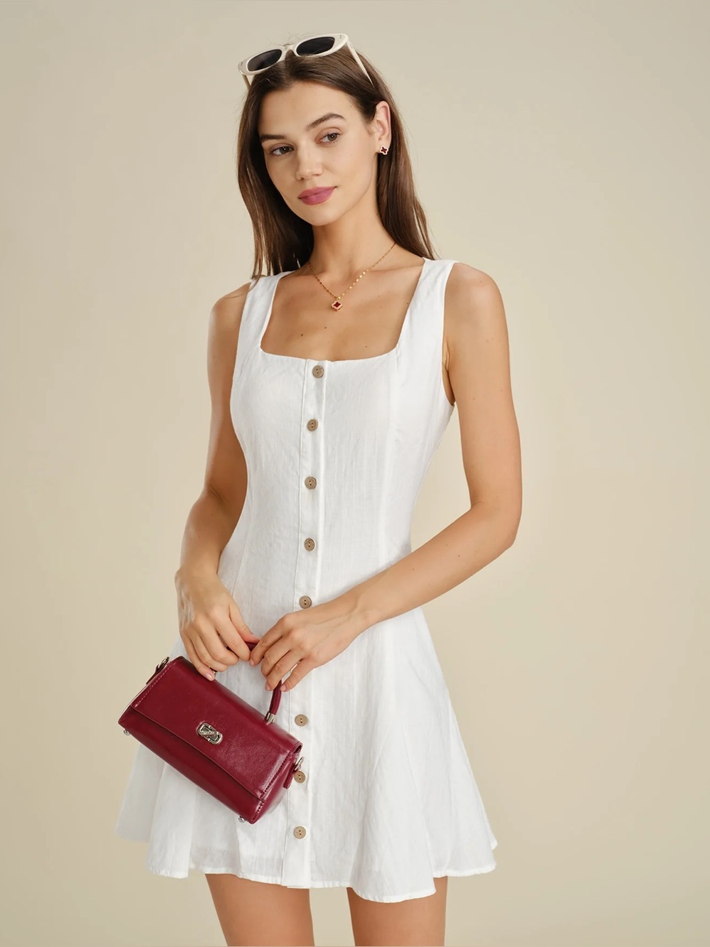 Rihoas White Square Neck Button A-Line Mini Dress